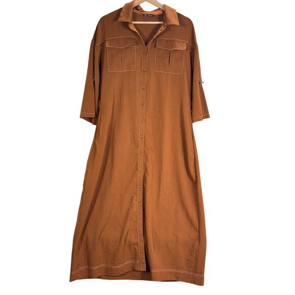 Pretty Garden Medium M Rust Brown Shirt Dress Pockets Roll Tab Sleeve Maxi - Picture 2 of 12